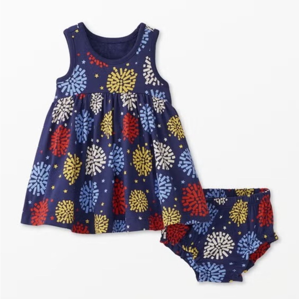 NWT Hanna Andersson Baby Sleeveless Dress w/ Bloomers, Fireworks, Size 50 (0-3mo